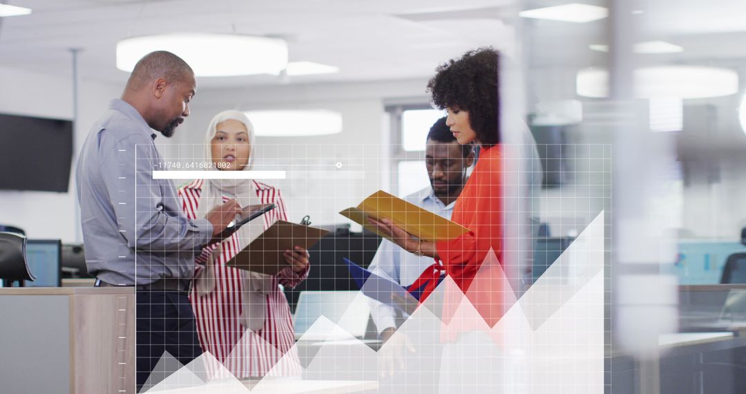 Diverse Team Collaborating in Modern Office with Financial Data Visualization