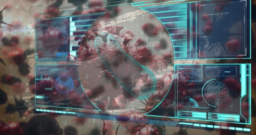 Futuristic Interface Showing 3D Coronavirus Particle with Data Panels