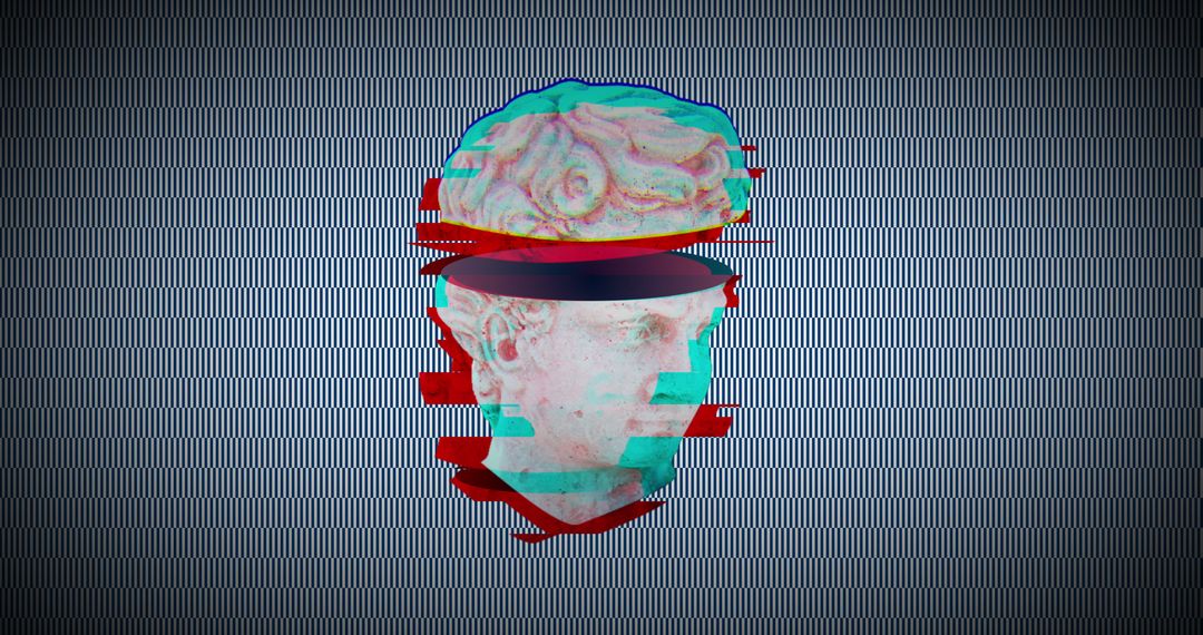 Glitched Sculpture Split Revealing Brain with 3D Effect