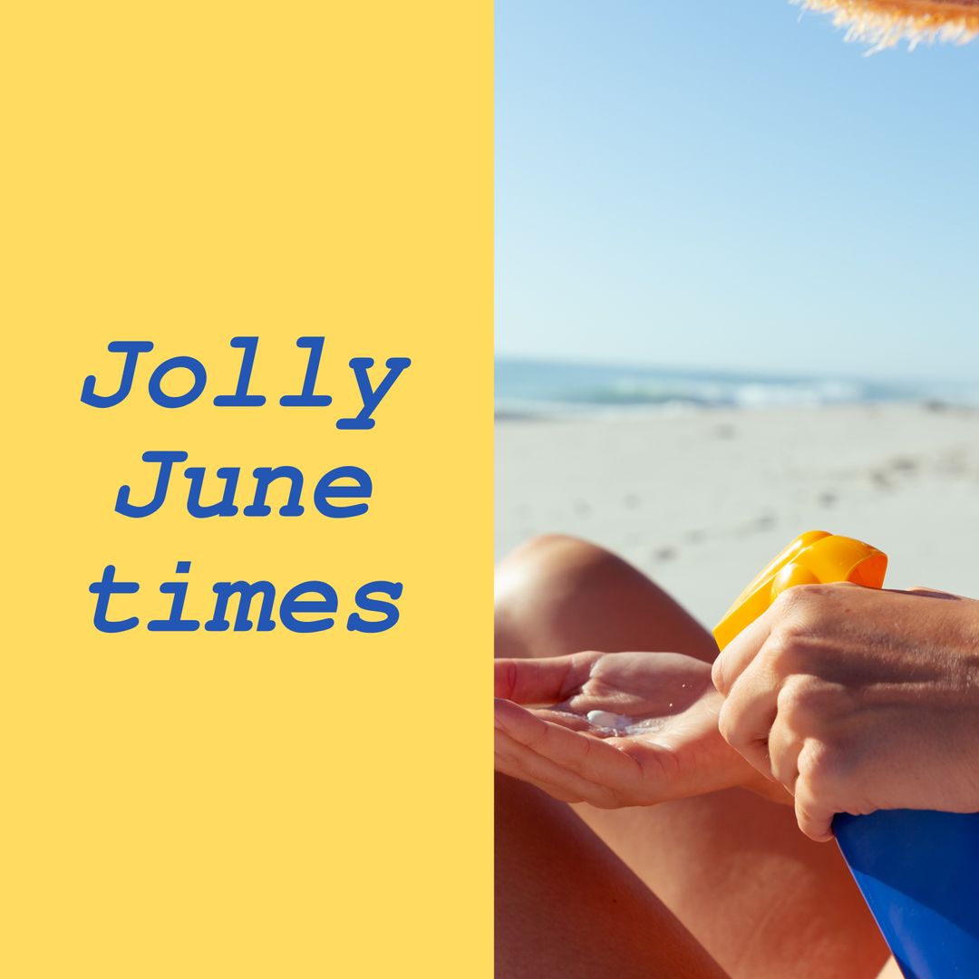 Sun Protection on Beach with Jolly June Text Overlay