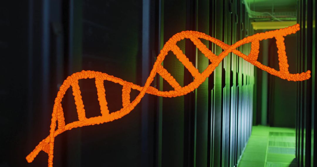 Digitally Rendered DNA Rotating in High-Tech Server Room