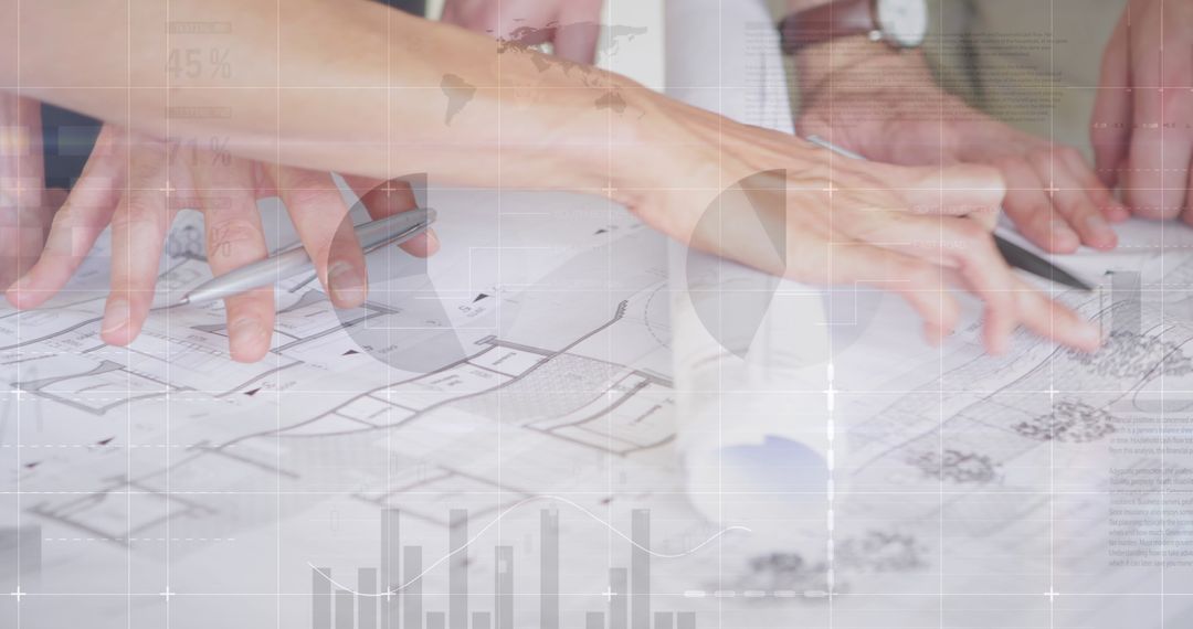 Team Collaborating on Architectural Blueprints and Data