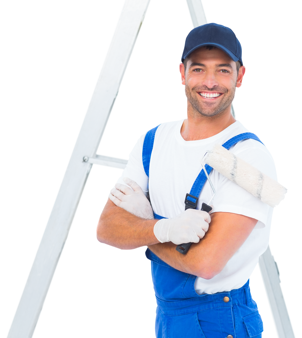 Happy Painter Wearing Blue Overalls With Paint Roller Beside Ladder, Transparent Background - Download Free Stock Images Pikwizard.com