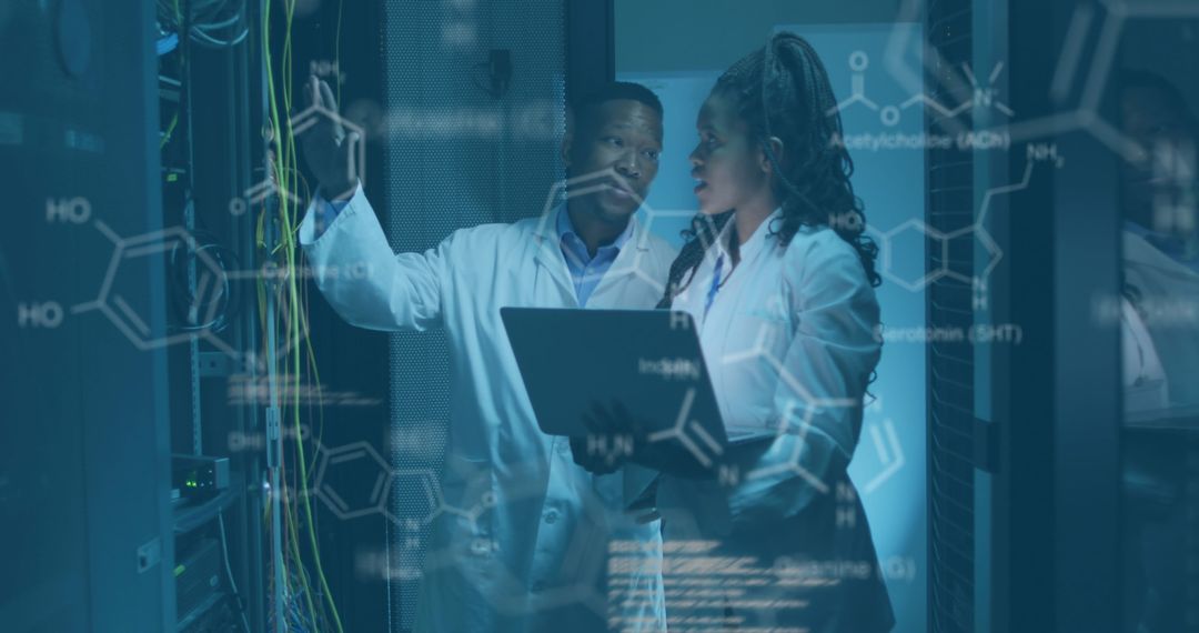 Experts Analyzing Data in High-Tech Server Room with Molecular Overlay