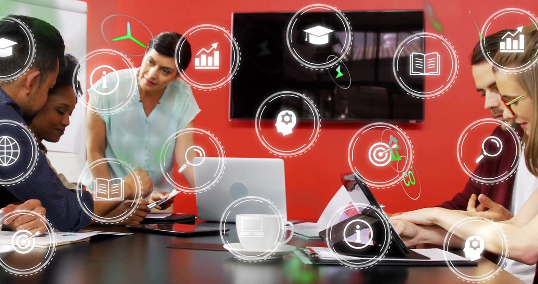Team Collaboration with Digital Analytics Icons Overlay