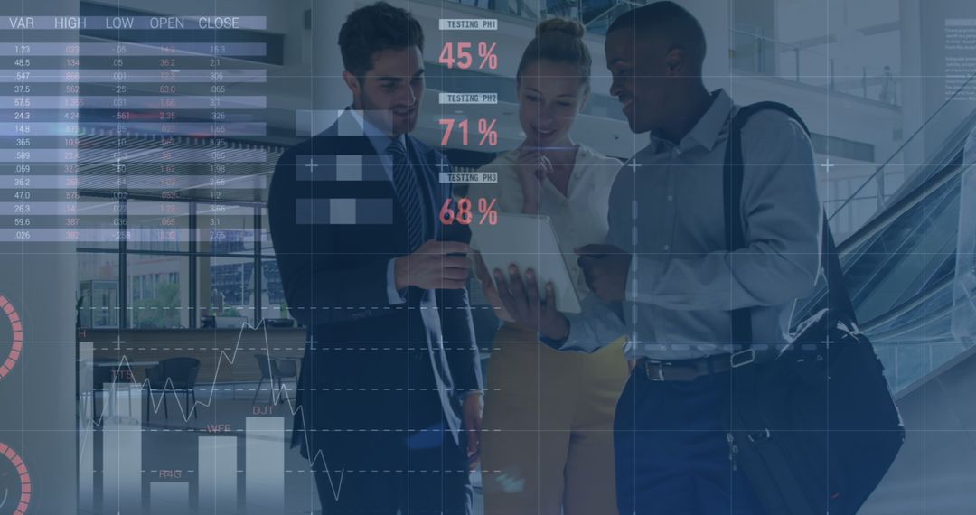 Fintech Professionals Collaborating on Data Analytics in Modern Office