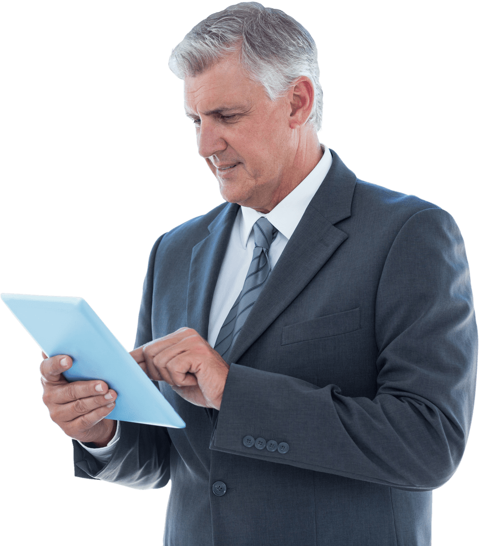 Successful Businessman in Suit Using Tablet with Transparent Background