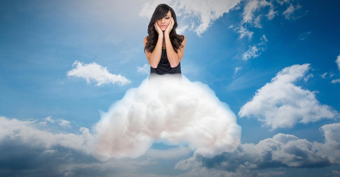 Digital composite image of thoughtful woman on cloud in sky - Free Images, Stock Photos and Pictures on Pikwizard.com