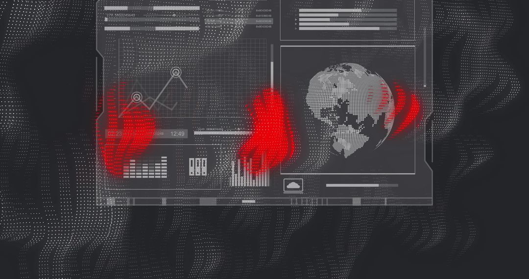Digital Security Interface with Red Handprints and Global Data