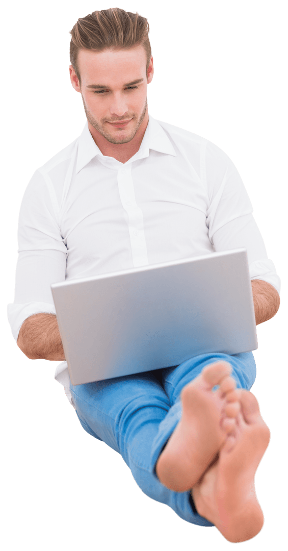 Transparent Relaxed Man Using Laptop in Casual Attire