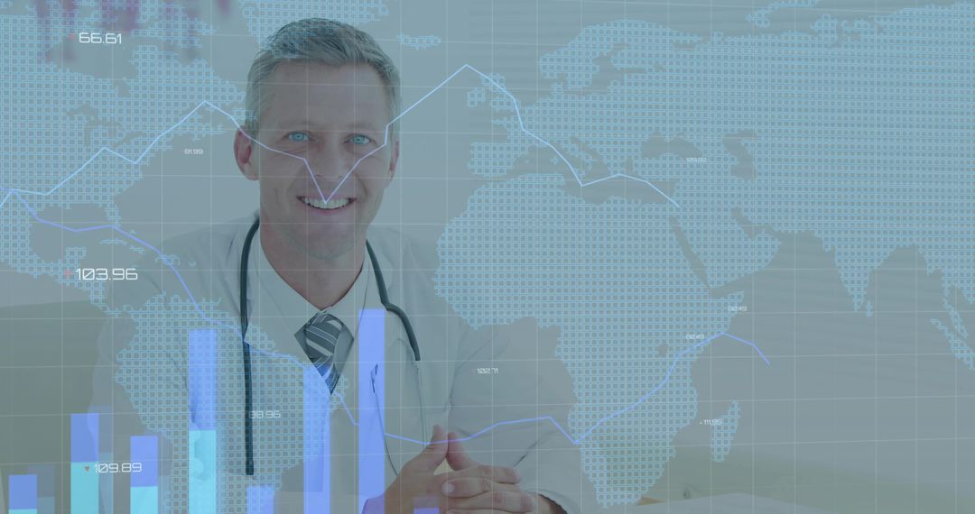 Physician Analyzing Global Medical Data with Financial Charts