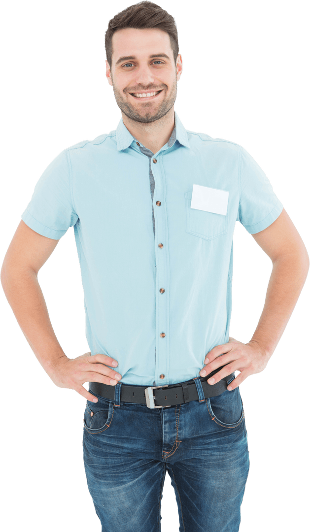 Transparent Portrait Smiling Technican Hands on Hips Casual Attire