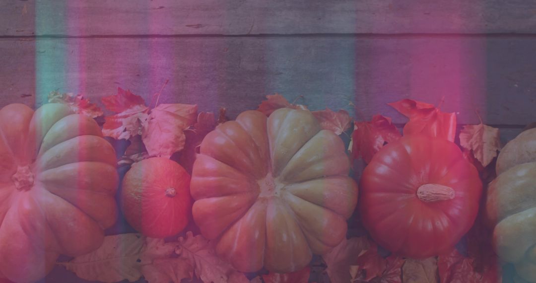 Large ribbed pumpkins resting on weathered plank with magenta cyan light overlay