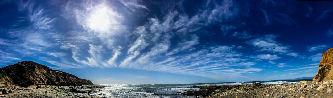Panoramic View of Rugged Coastline with Clear Sky and Sun - Free Images, Stock Photos and Pictures on Pikwizard.com