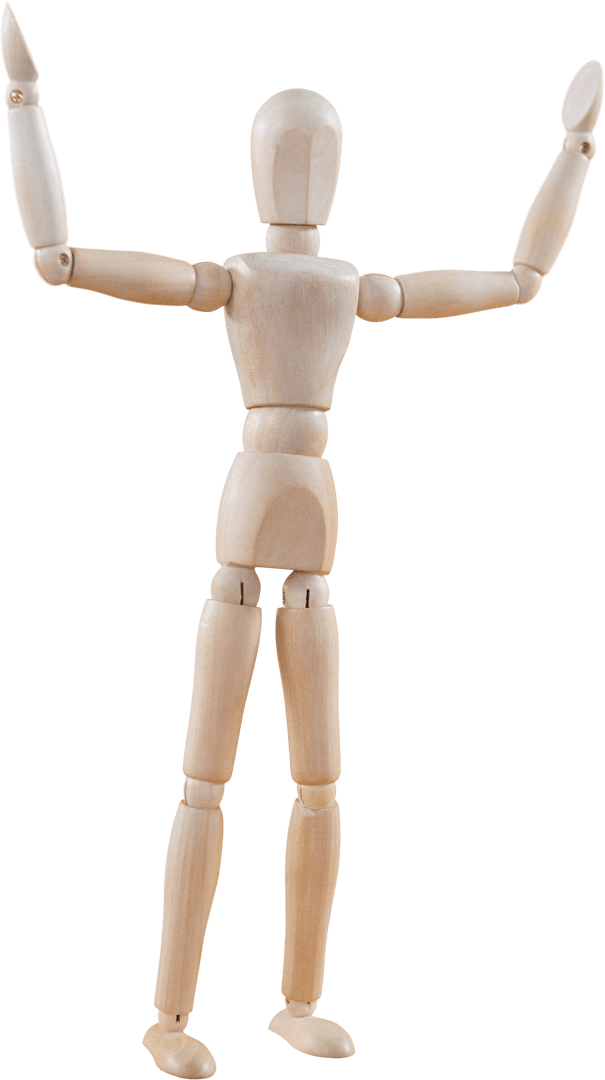 Transparent Wooden Figurine with Raised Arms Gesture