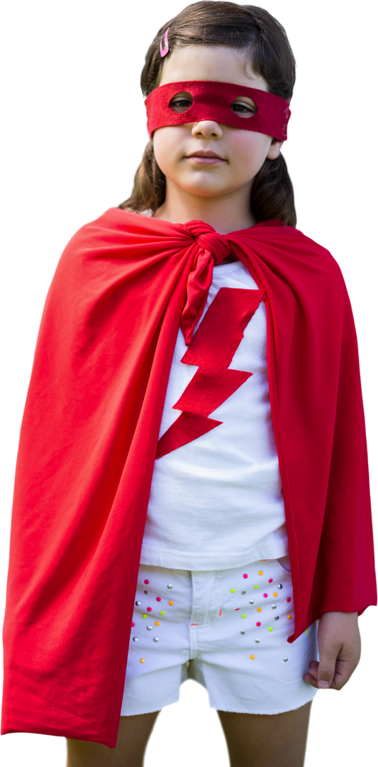 Confident Girl in Red Cape and Mask with Lightning Shirt Transparent Background - Download Free Stock Images Pikwizard.com