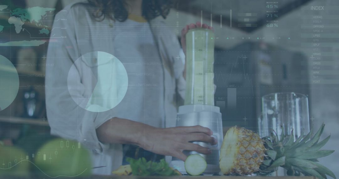 Woman Making Smoothie Overlaid with Financial Data Graphics
