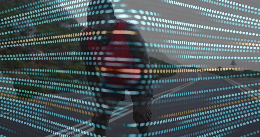 Athlete Resting on Highway at Dusk with Light Effects