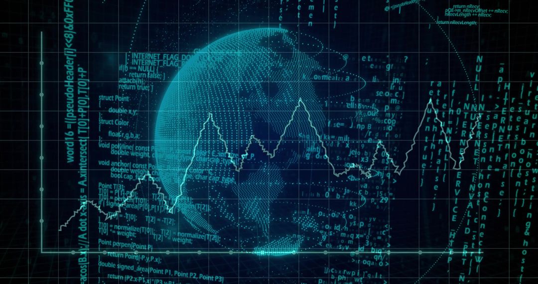 Displaying 3D Wireframe Globe with Neon Line Graph and Streaming Code for Global Analytics
