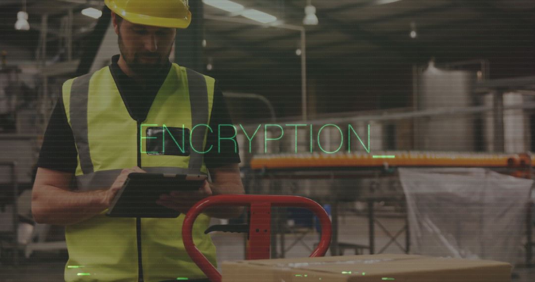Factory Worker Using Digital Tools with Encryption Overlay