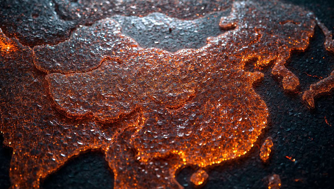 Glowing Droplet Map of Asia with Illuminated Orange Highlights