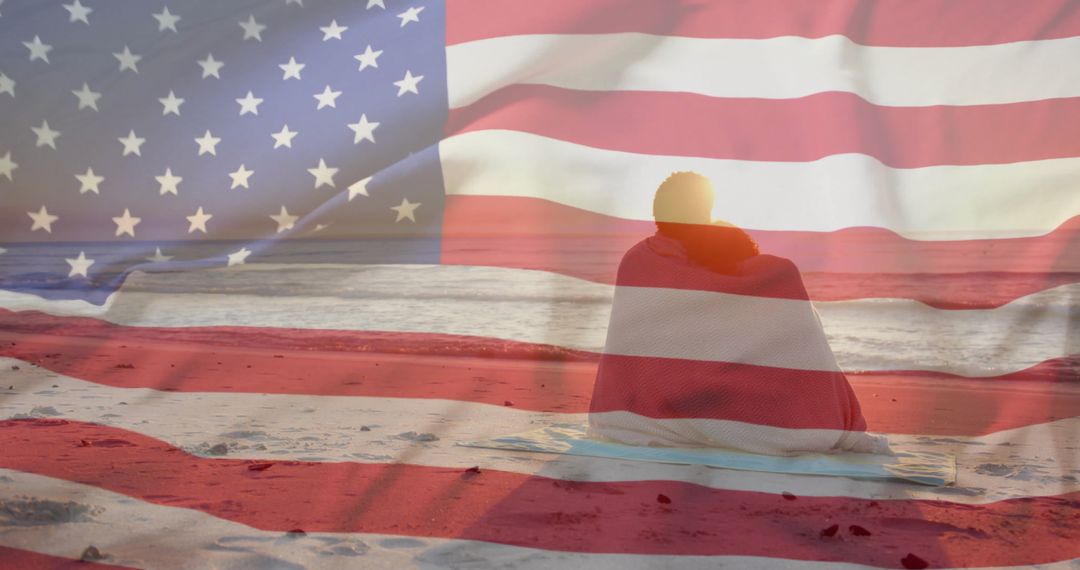 Romantic Couple Embracing with American Flag Overlay at Beach Sunset