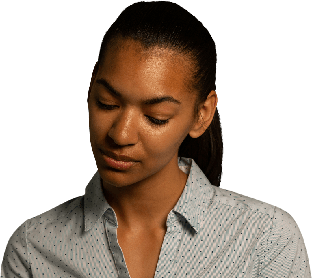 Thoughtful Biracial Woman on Transparent Background