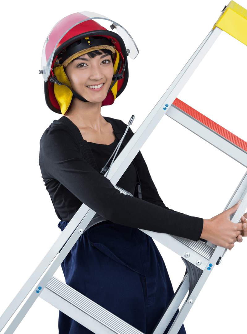 Transparent Smiling Female Architect Holding Ladder Concept