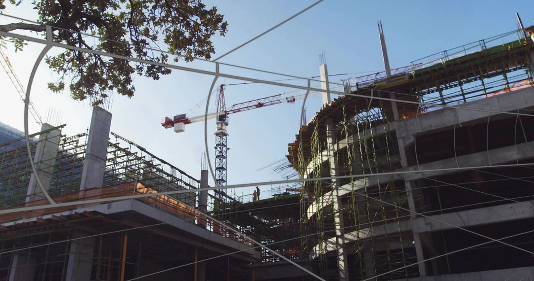 Construction Site with Worker and Crane Exploring Structural Progress