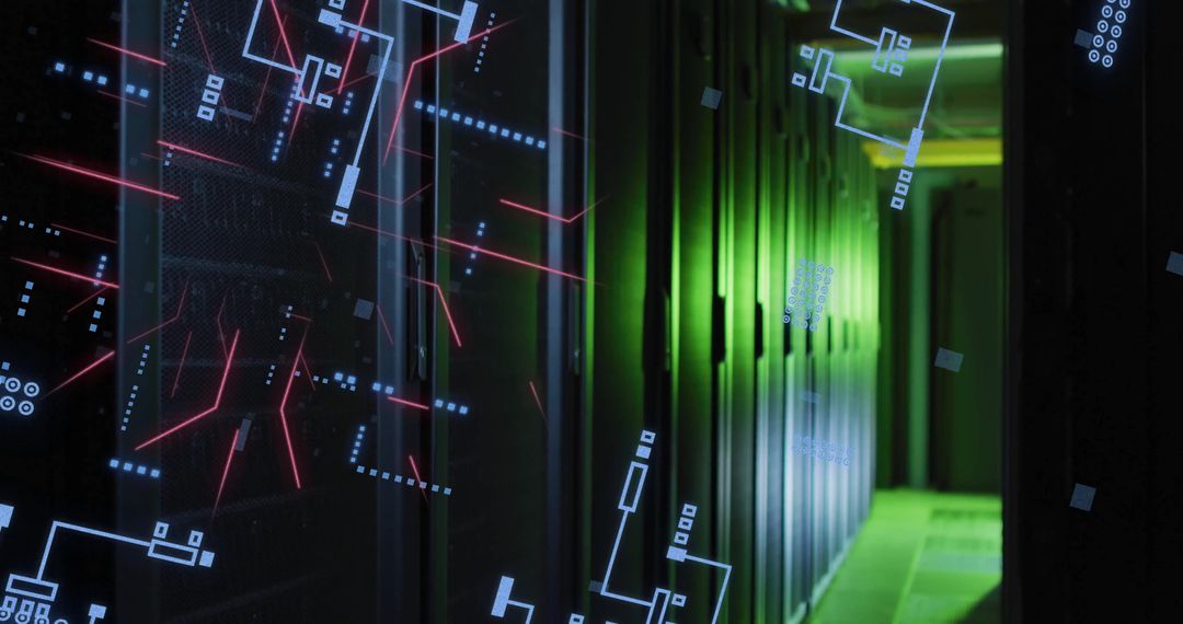 Futuristic Circuit Overlay on Data Center Servers