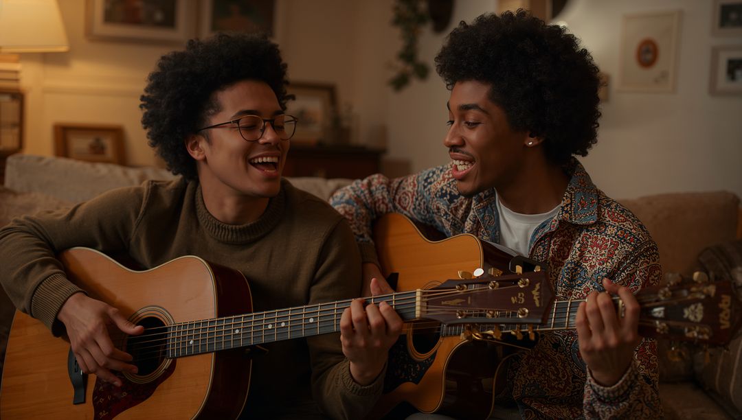 Friends strumming acoustic guitars together in cozy living room