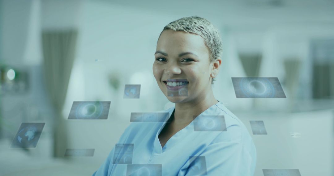 Smiling Doctor with Floating Digital Panels in Advanced Medical Clinic