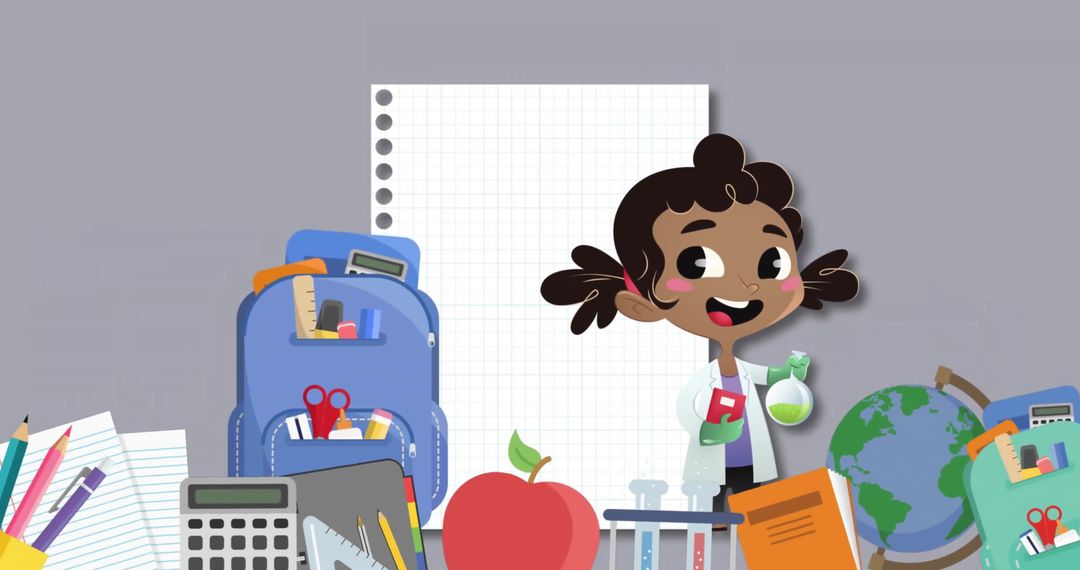 Smiling Student Amidst School Supplies with Notebook Background