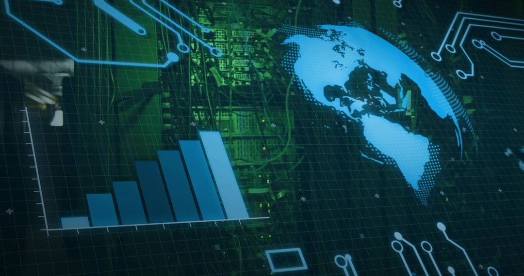 Displaying HUD Globe and Ascending Bar Chart Over Datacenter Servers with Network Overlay