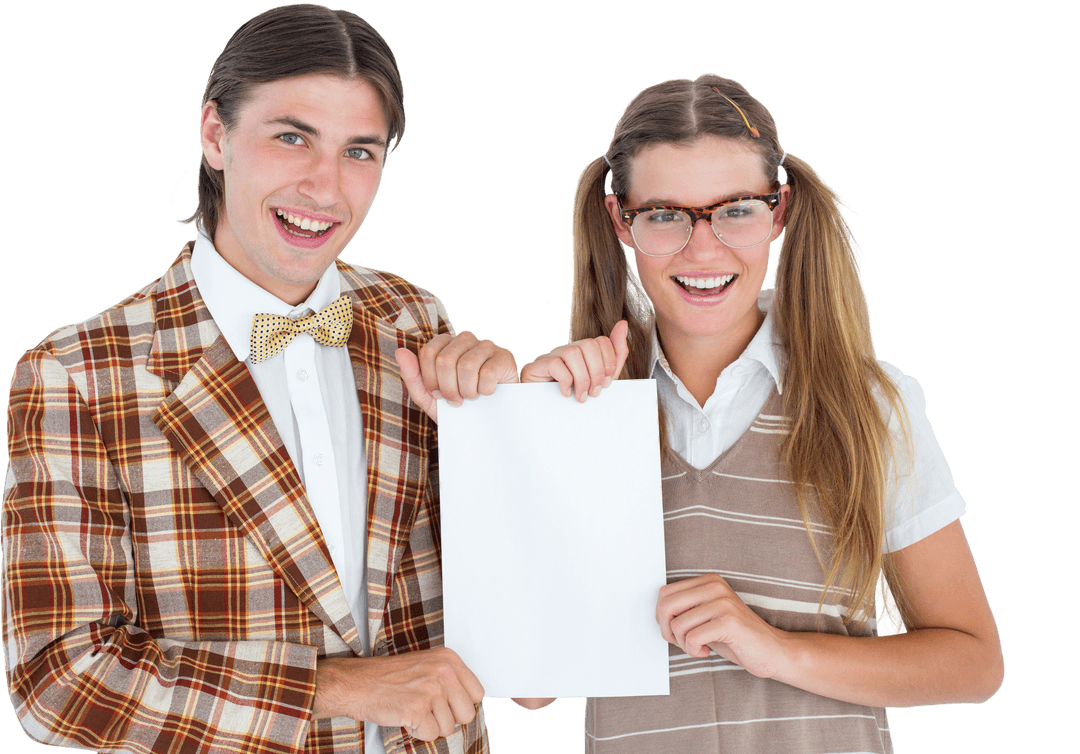 Transparent Background of Geeky Hipsters Holding Blank Paper