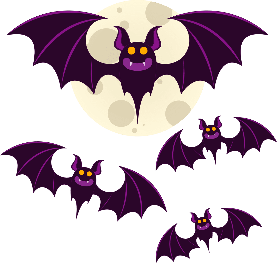 Halloween Purple Bats Across Full Moon on Transparent Background