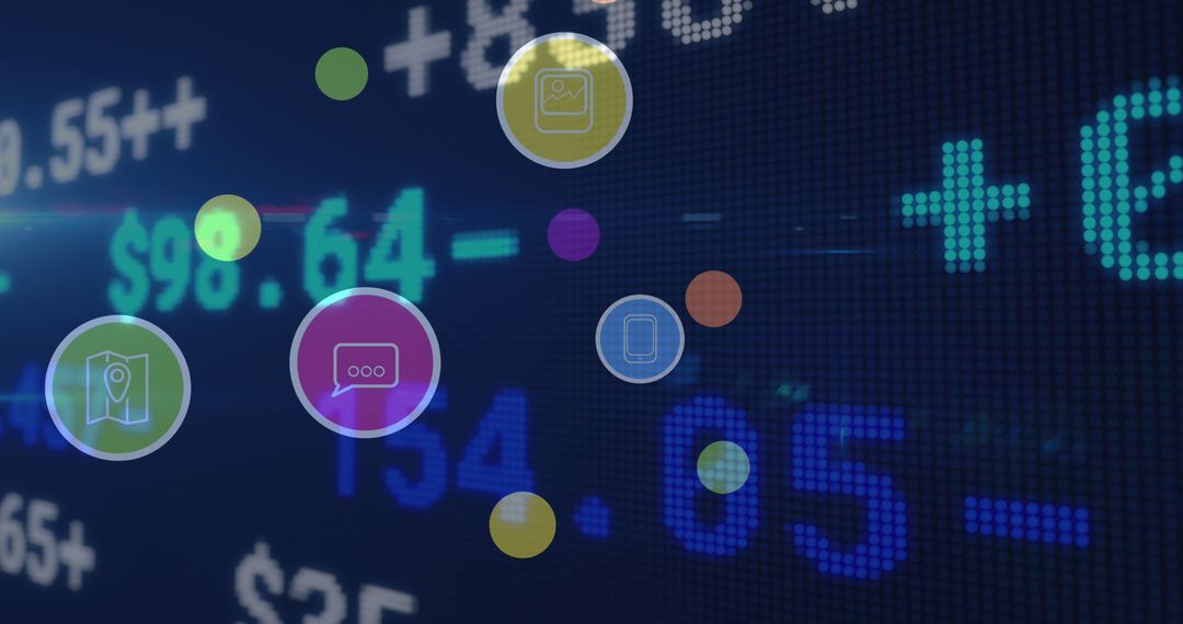 Digital Interface with Floating Tech Icons Over Stock Market Data