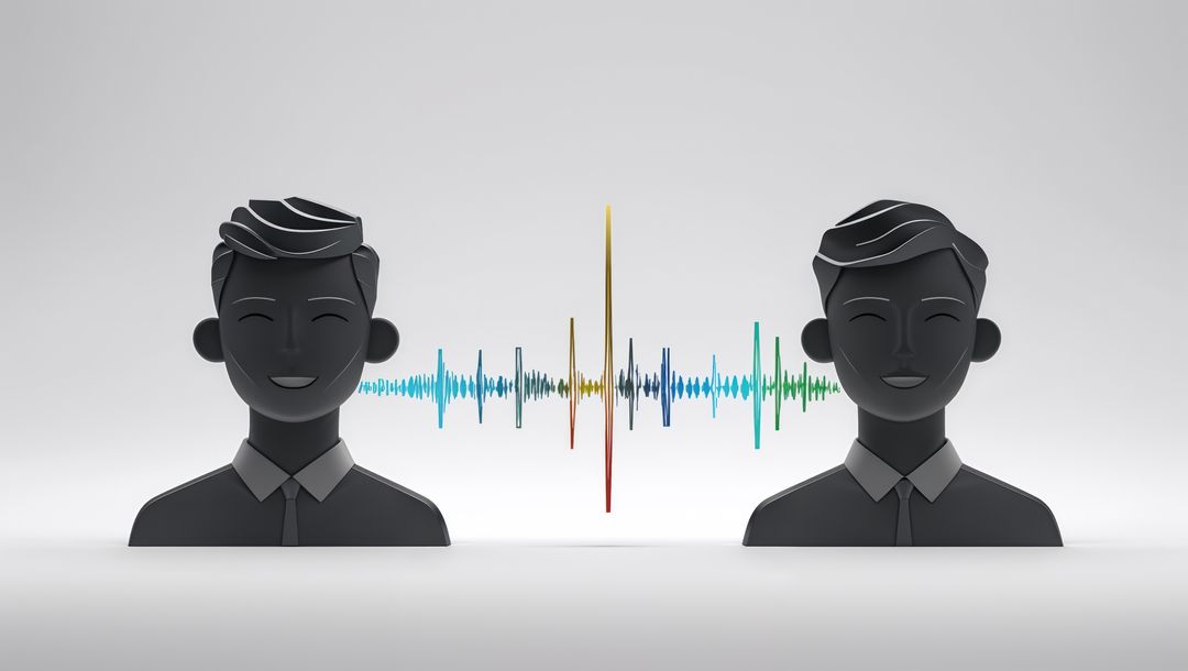 Digital interaction business icons connected by color sound wave, talking heads concept