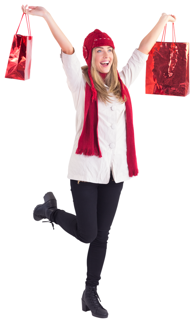 Blonde Woman Joyfully Holding Shiny Red Shopping Bags, Transparent Background - Download Free Stock Images Pikwizard.com