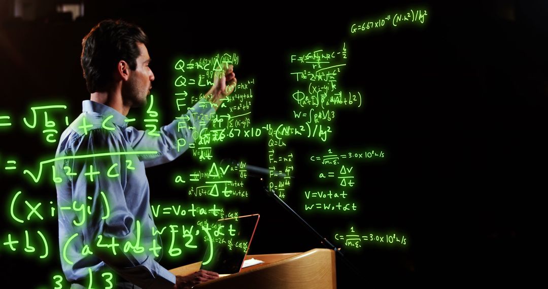 Teacher Interacting with Digital Equations Display