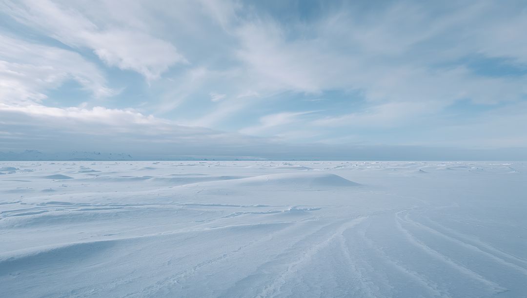 Stretching Arctic Snow Plain with Sastrugi and Low Hummocks under Soft Blue Sky