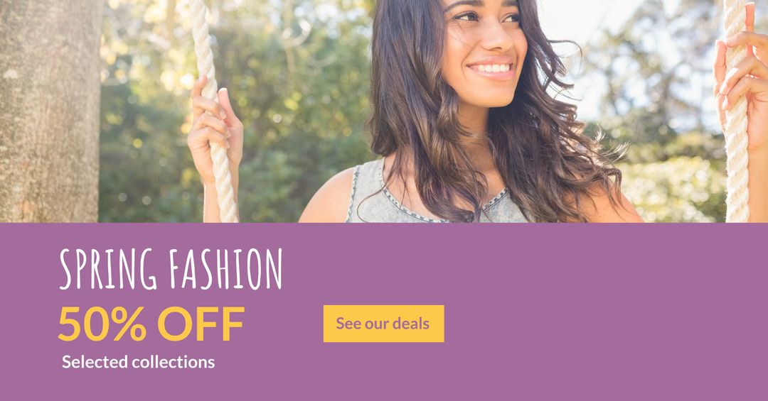 Joyful woman on swing highlighting spring fashion sale