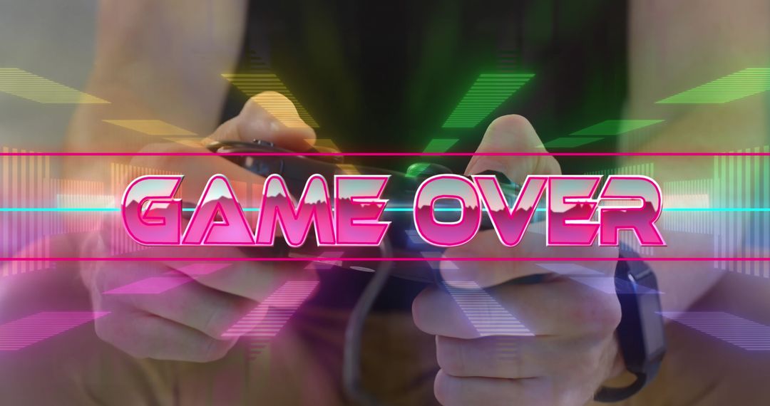 Close-Up Hands Holding Gaming Controller with Game Over Text