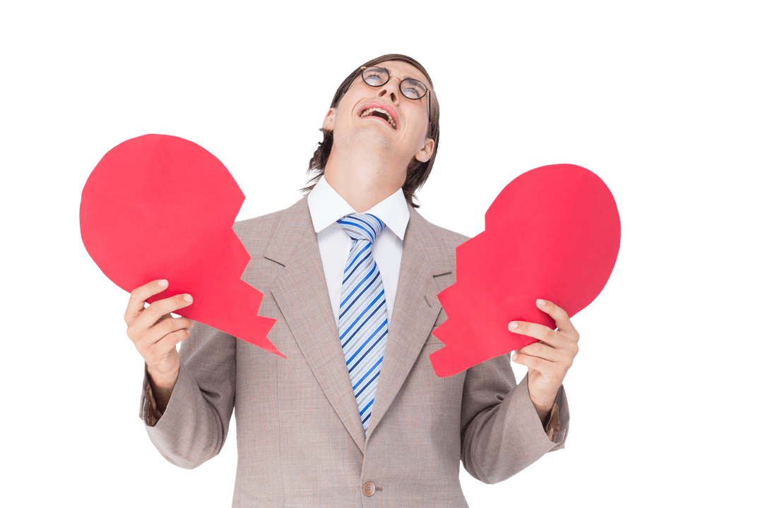 Geeky Businessman Holding Transparent Broken Heart Card Upset