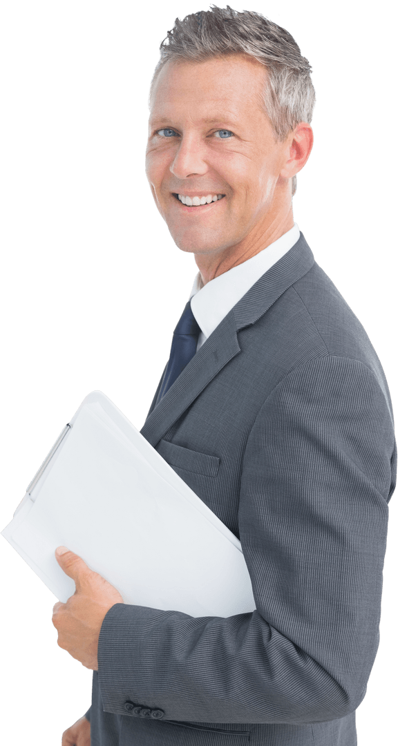 Transparent Background Smiling Businessman with Clipboard