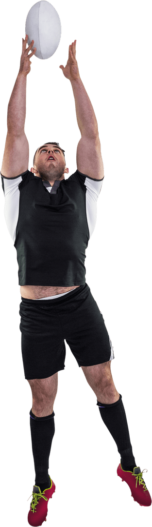 Rugby Player Jumping to Catch Ball on Transparent Background