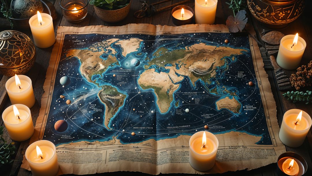 Celestial World Map with Flickering Candlelit Atmosphere
