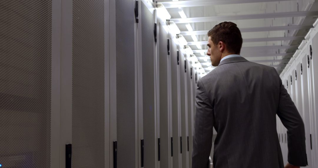 Man in Suit Examining Server Racks in Data Center - Free Images, Stock Photos and Pictures on Pikwizard.com