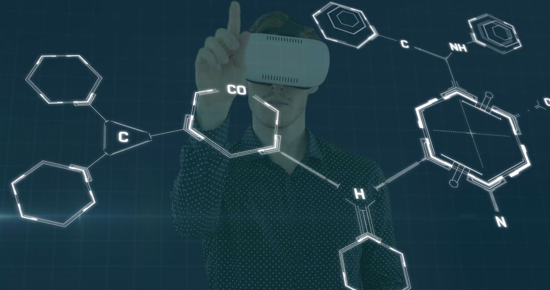 Man Using VR Headset Exploring Virtual Chemical Structures
