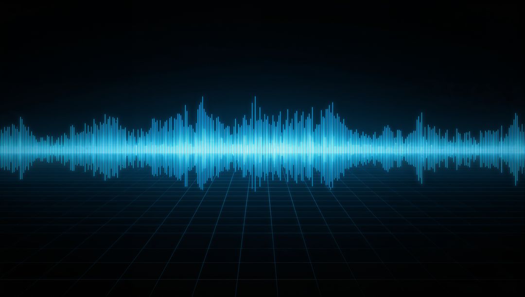 Glowing Blue Audio Waveform on Digital Grid